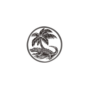 Vintage hand-drawn illustration of a crocodile head and a palm tree inside a circle frame