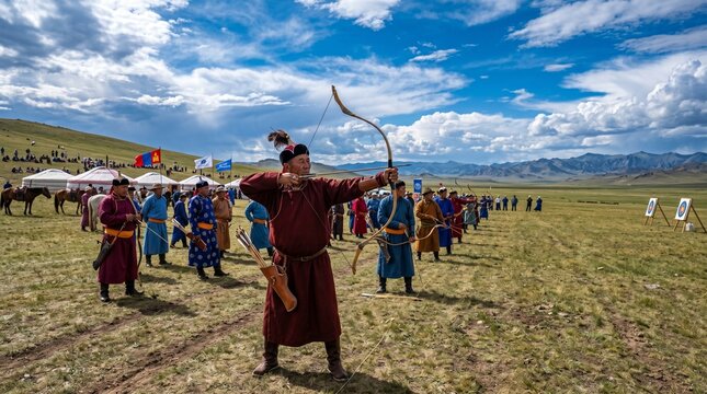 A group of Mongolian men in traditional attire practice archery during Naadam, with one man drawing his bow in focus