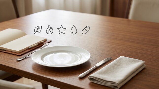 Meal Diary Entry Concept with Empty Plate and Health Icons on Wooden Table