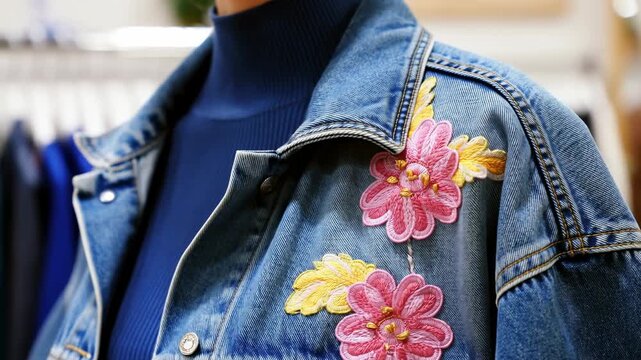 Woman in embroidered denim jacket browsing clothing store interior
