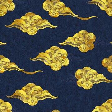 Seamless pattern of traditional oriental golden clouds with gold leaf seamless oriental japanese background abstract traditional