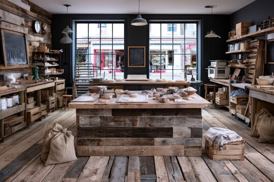 Rustic Bakery Production Area with Wooden Decor and Natural Elements for Artisan Bread Making