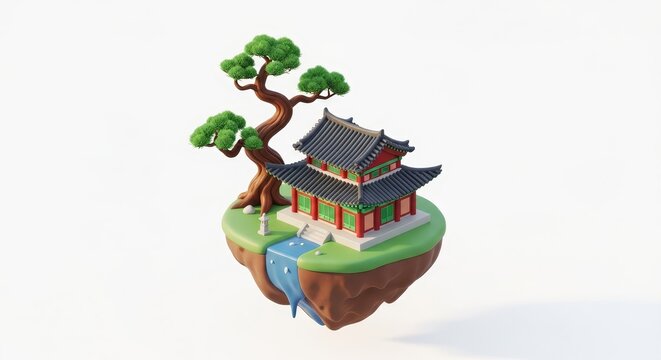 Architecture - Korean Traditional Palace on Floating Island with Bonsai Pine Tree and Waterfall 3D Render
