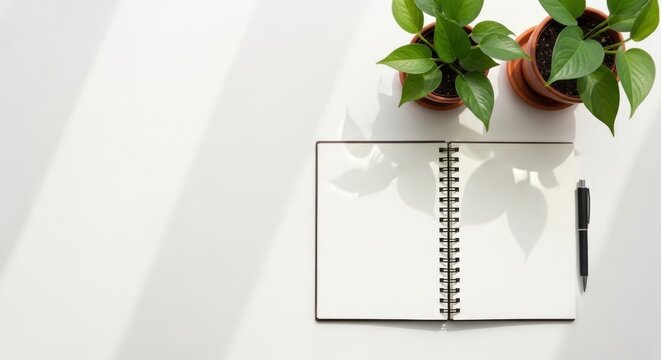 Serene office desk setup with potted trees and notebook