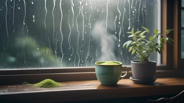 Cozy cup of steaming matcha tea on a rainy windowsill 4K Generative AI