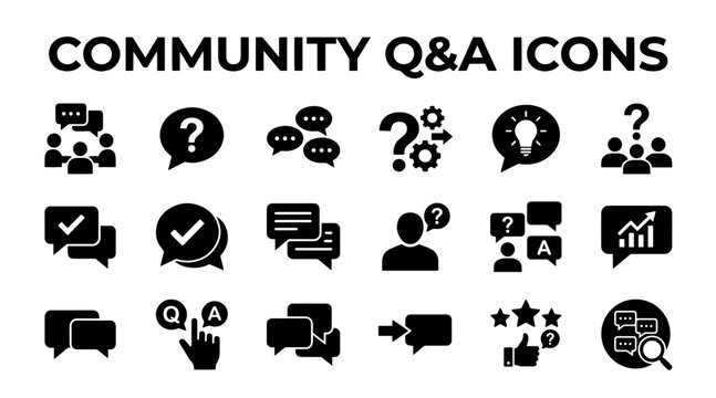 Community Q&A Icons Set: Communication, Questions, Answers, and Solutions