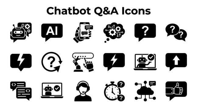 Chatbot Q&A Icons Set with AI Technology and Communication Symbols Flat Design