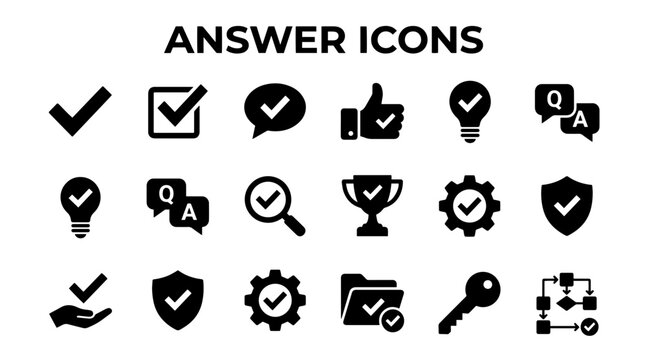 Black Silhouette Icons Representing Answers, Solutions, and Success