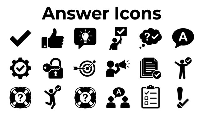 Flat design answer icons set with checkmarks questions and symbols in black silhouette style