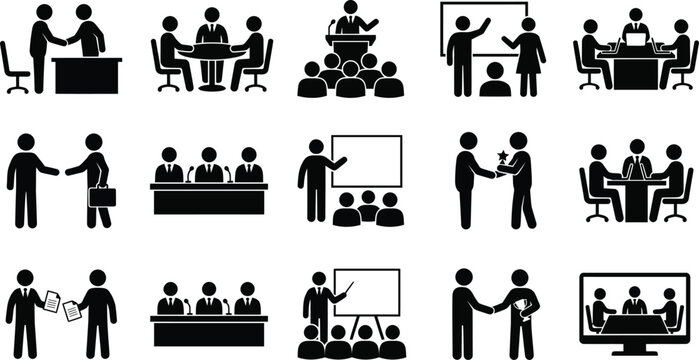 Business meeting conference presentation and corporate training stick figure pictogram silhouette icon set vector illustration