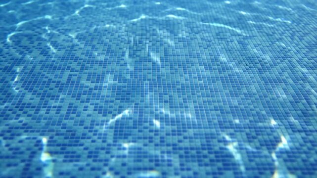 Blue swimming pool water with sunlight reflections over tiled mosaic