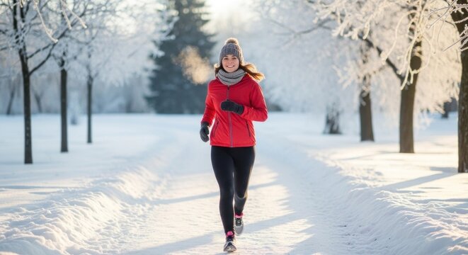 A woman jogging in a snowy park, wearing a red jacket and black leggings, with trees and snow-covered ground in the background.