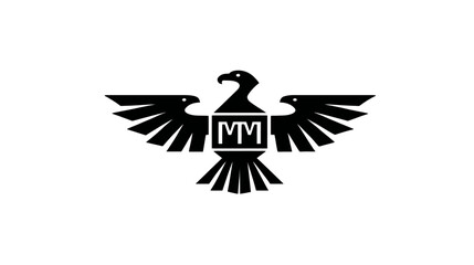 Fototapeta premium Powerful black eagle silhouette with spread wings and shield emblem. Majestic bird of prey graphic design element.