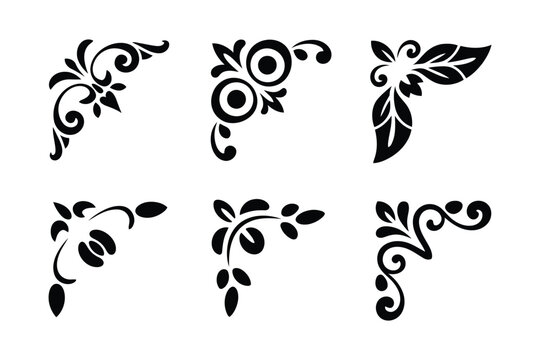 Set of six black floral corner ornaments with swirls and leaves isolated on a white background for decorative page borders
