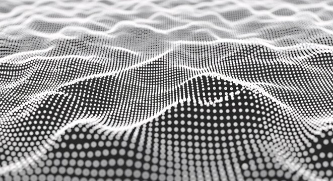 Abstract digital wave pattern made of glowing white dots on a dark background, representing data flow, connectivity, and network technology