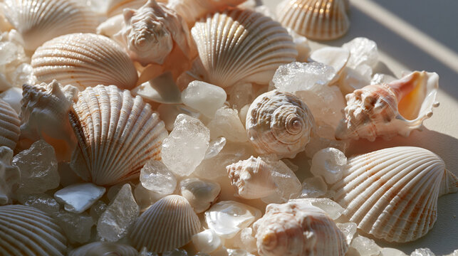 Assorted Seashells with Translucent Sea Glass Creating Coastal Background