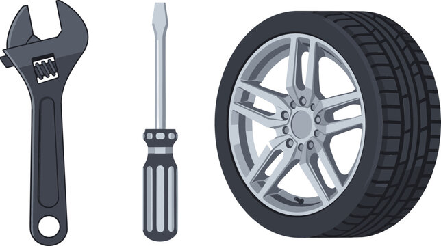 Car Repair and Auto Mechanic Service Icon Set Featuring Adjustable Wrench Spanner, Flathead Screwdriver, and Alloy Wheel Tire Vector Graphics