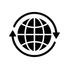 Obraz premium Black glyph vector illustration of globe with arrows representing worldwide transactions and finance.