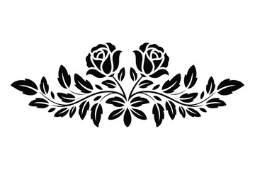 Fototapeta premium Symmetrical floral divider with two roses and lush leaves in a black silhouette style on a white background base