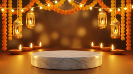 Fototapeta premium Diwali product display marble podium with golden lanterns, marigold garland, diya candles and warm bokeh festive background