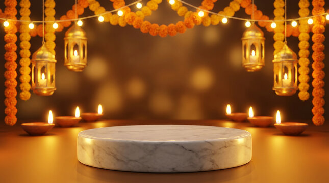 Diwali product display marble podium with golden lanterns, marigold garland, diya candles and warm bokeh festive background