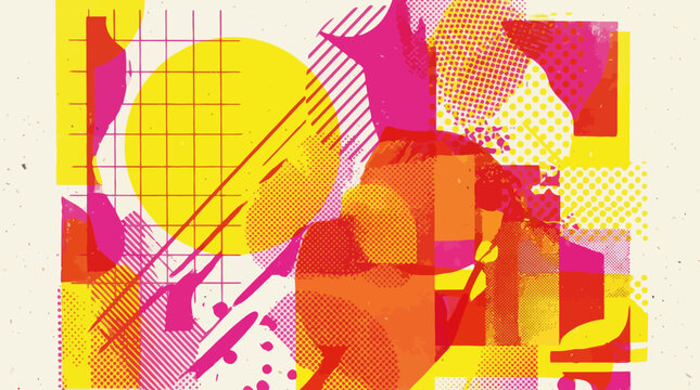 Abstract Memphis style graphic design with geometric shapes and grid pattern