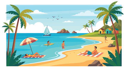 Obraz premium People enjoying a sunny day at a tropical beach with palm trees and clear blue water