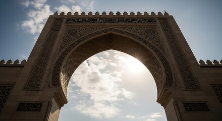 Fototapeta premium Ancient stone archway under cloudy sky.