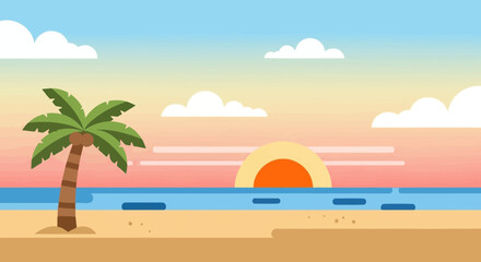 Obraz premium A Minimalist Flat Design Illustration Featuring a Serene Tropical Beach Landscape at Sunset with a Palm Tree and Clouds