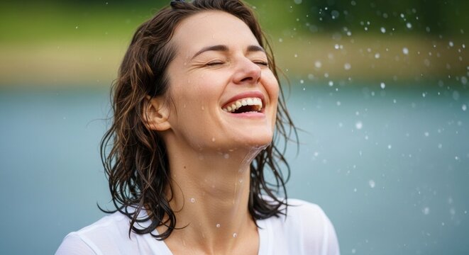 A woman with wet hair, wearing a white shirt, standing in the rain with her eyes closed and a joyful expression on her face.