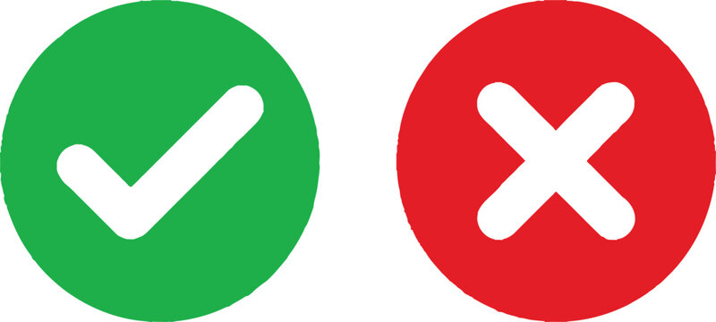 Green check mark and red cross sign icons for true or false choice and survey results