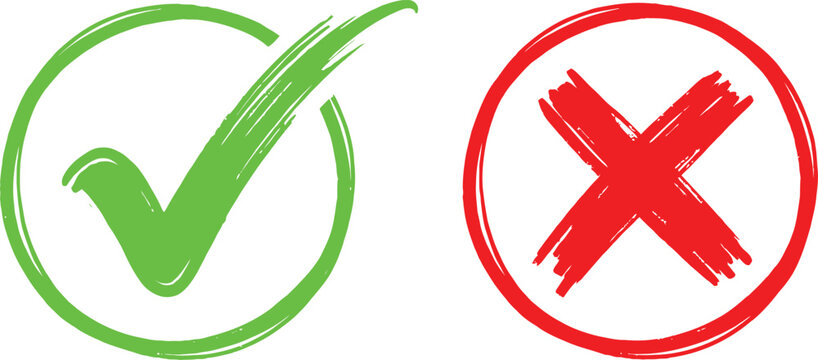 Hand drawn green check mark and red cross sign in circles for business choice and survey feedback
