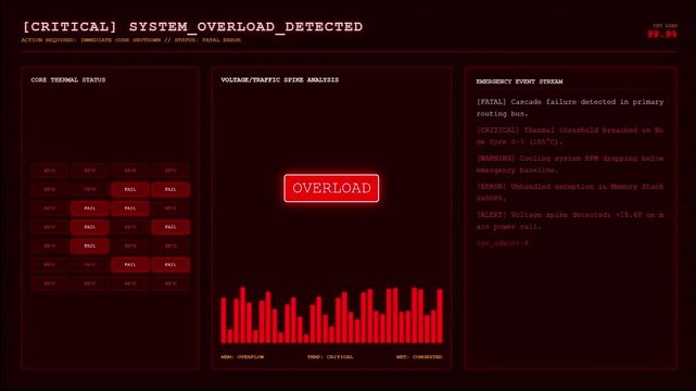 Critical System Overload Detected Fatal Error Core Thermal Fail Voltage Spike Emergency Halt Dashboard Animation.