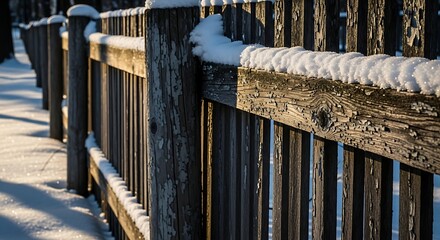 Fototapeta premium Snowy wooden fence in winter landscape.