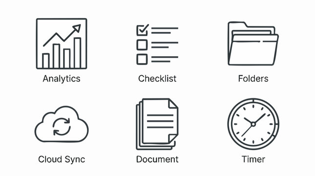 Business Icons Set: A collection of sleek, modern line art icons representing analytics, checklist, folders, cloud sync, document, and timer, designed for business and technology applications.