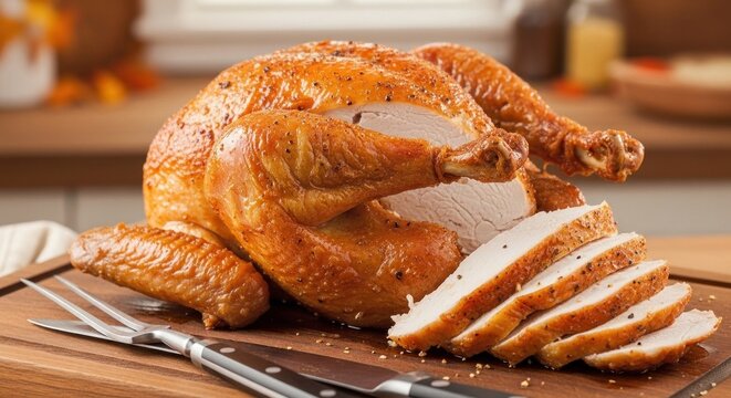A roasted turkey with slices of turkey meat on a wooden cutting board with a fork and knife.