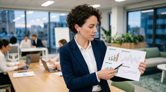 Modern office meeting with professional presenting charts and graphs&mdash;team collaboration, data analysis, corporate strategy, and decision‑making in a dynamic business environment with cityscape backdro