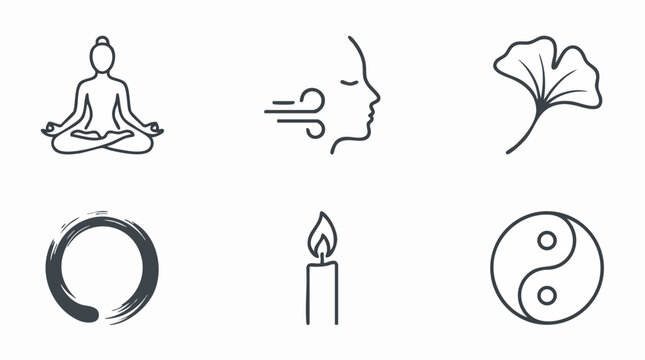 Zen Meditations: A collection of minimalist icons symbolizing peace, mindfulness, and spiritual balance, including a meditating figure, gentle breeze, ginkgo leaf, ensō circle, lit candle.