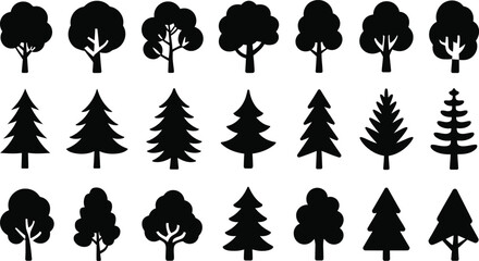 Collection of black silhouette deciduous and coniferous trees  © MDSHAHIN