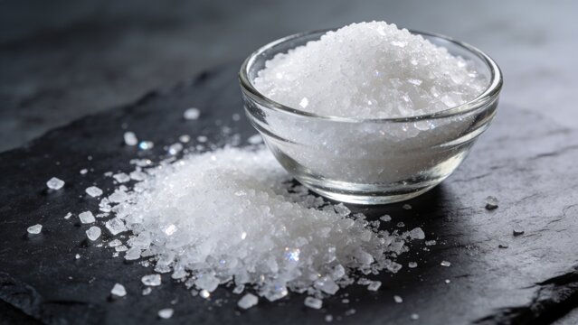 Garam uyah asin White sea salt crystals in a glass bowl and piled on a dark slate surface, essential seasoning food ingredient for cooking close up