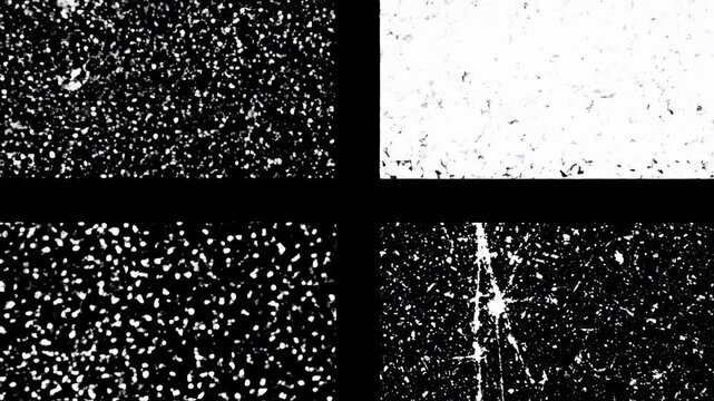 Cinematic Grunge Texture Pack: Collection of 8 High-Contrast Black and White Noise and Grain Panels on Black Background, Ideal for Film Overlays and Vintage Video Effects.