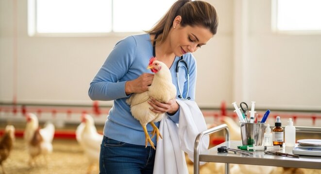A veterinarian examining a chicken in a poultry farm setting.