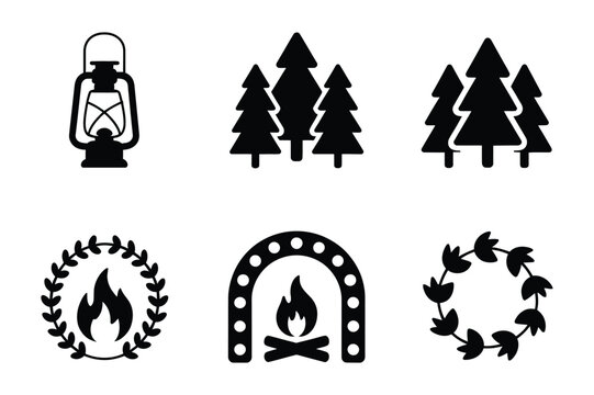 Set of forest trees and campfire icon collection with campfire collection woodland