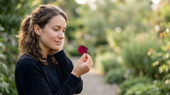 Young woman holding a red flower petal in a peaceful garden setting