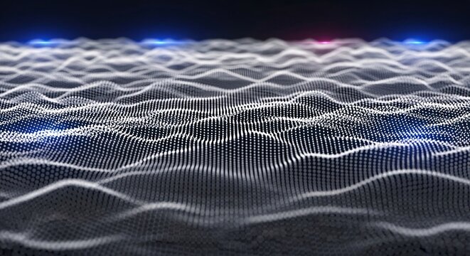 Digital landscape of glowing white data points forming a wave pattern with blue and red light flares on a dark textured ground surface