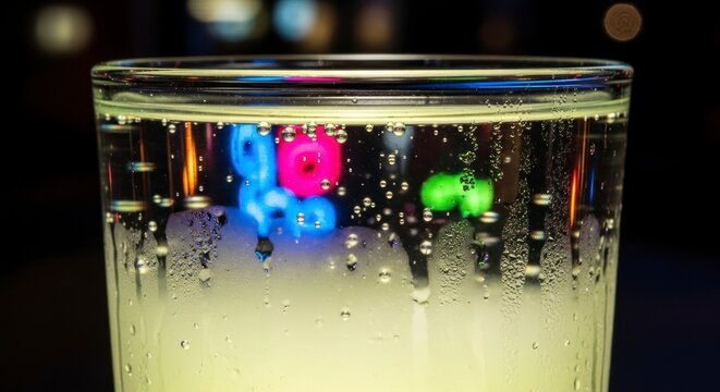 Gros plan sur une boisson gazeuse dans un verre transparent avec des lumi&egrave;res color&eacute;es floues