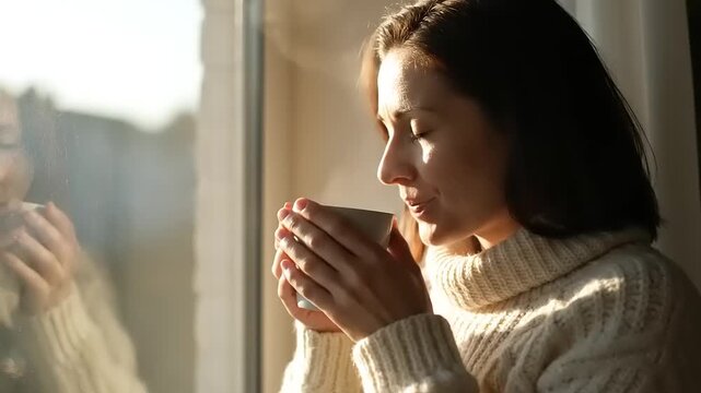 Woman enjoying a warm cup of coffee by the window.