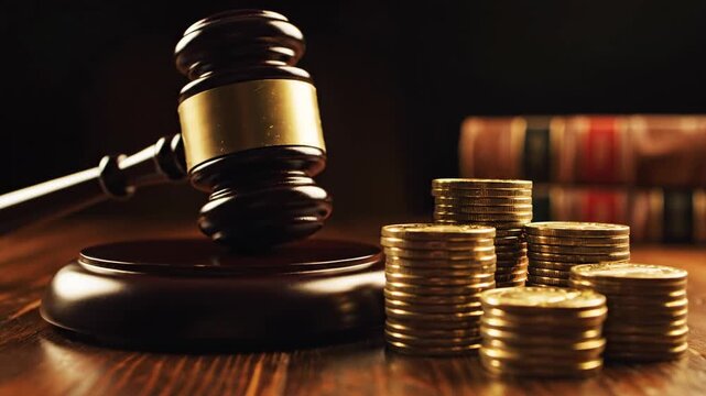 Gavel and Stacks of Gold Coins Symbolizing Justice and Finance