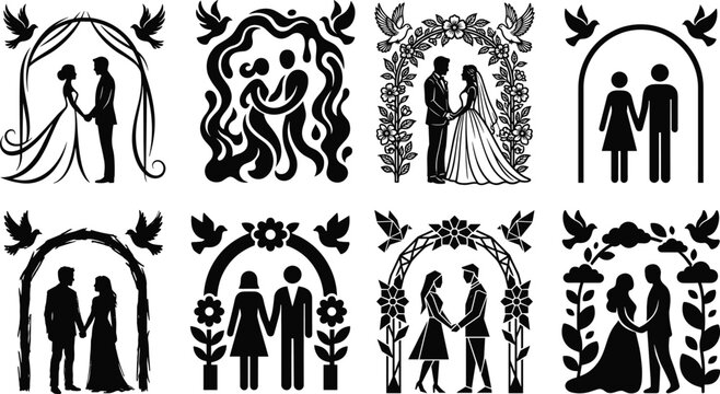 Wedding couple silhouette icons collection featuring bride and groom under different artistic arches with flying doves