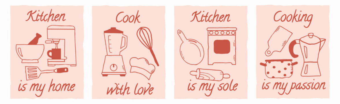 Set of four minimalist hand-drawn kitchen posters with inspirational cooking quotes and terracotta line art doodles of culinary equipment. Perfect for restaurant wall art decor, cafe menus, culinary b